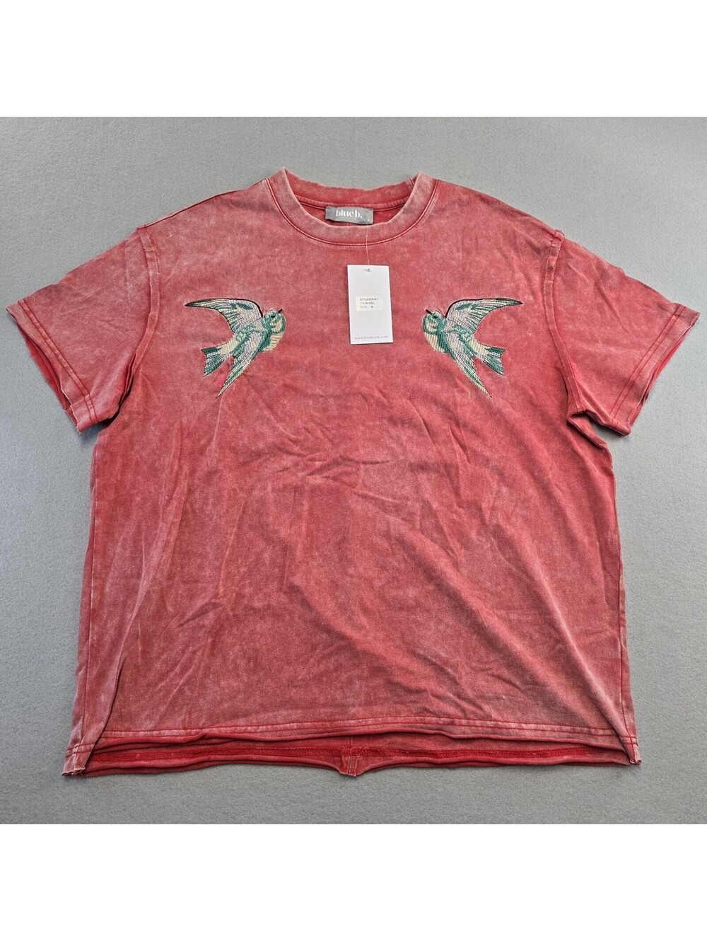 Blue B Collection Embroidered Swallow Tee Womens M Red Mineral Wash Cotton NWT